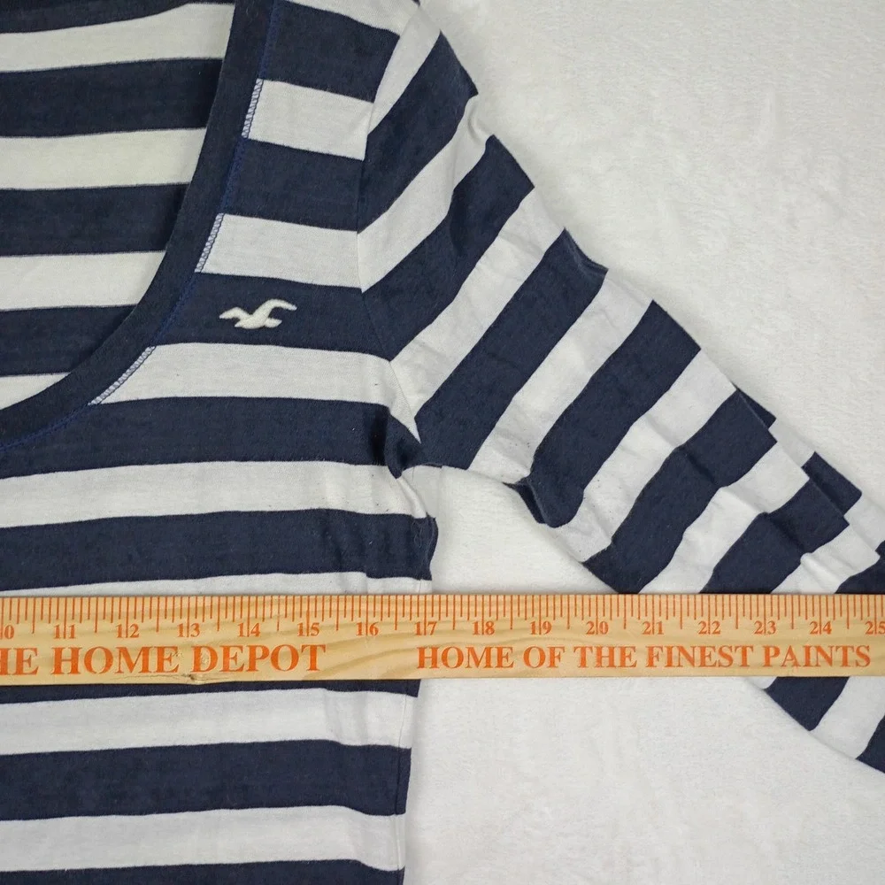 Hollister Womens Navy Blue White Striped Scoop Neck Long Sleeve Tee Shirt Large
